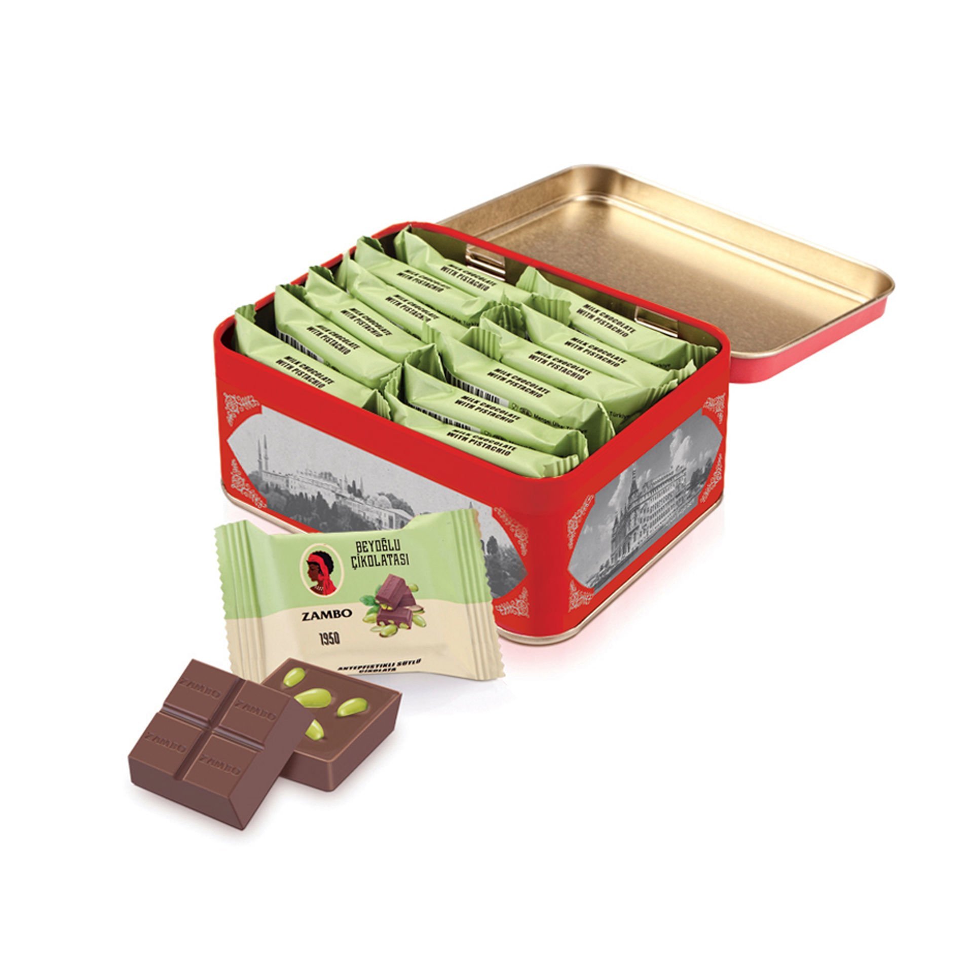 Zambo İstanbul Nostaljik Teneke Kutu Antepfıstıklı Sütlü Çikolata 240 gram
