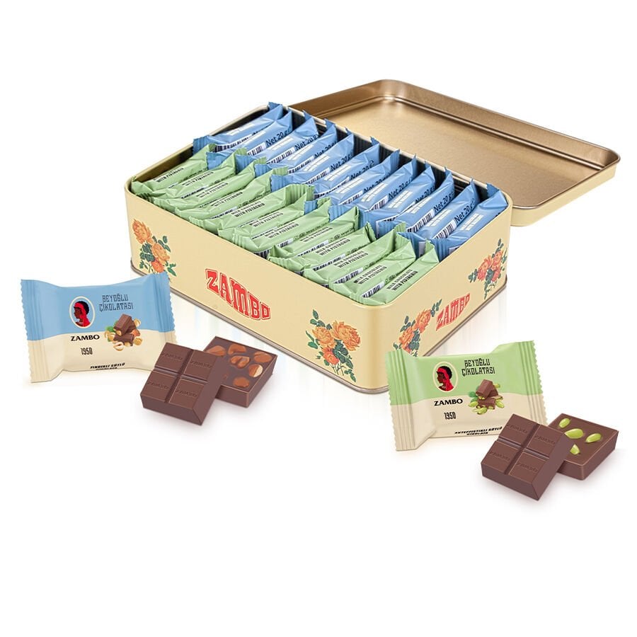 Zambo Nostaljik Teneke Fındıklı Antepfıstıklı Sütlü Çikolata 480g